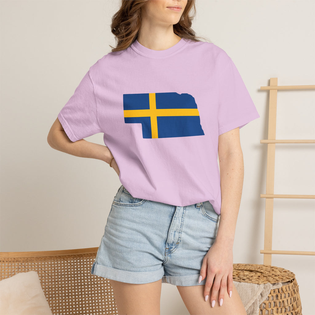 Nebraska State Silhouette T-Shirt with Swedish Flag Design