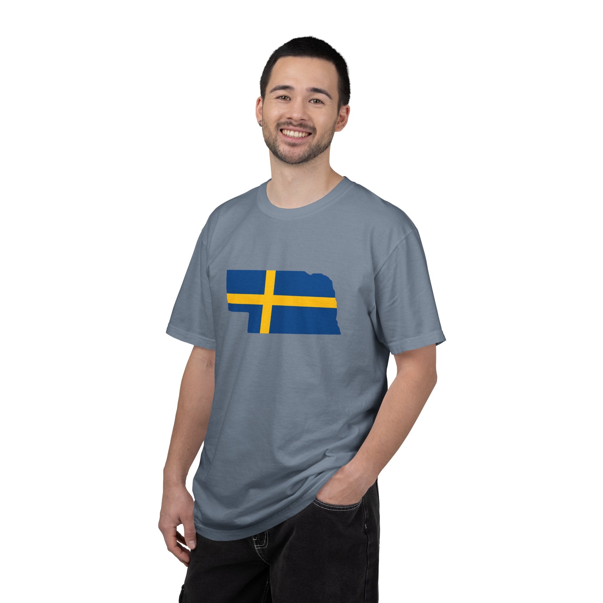 Nebraska State Silhouette T-Shirt with Swedish Flag Design
