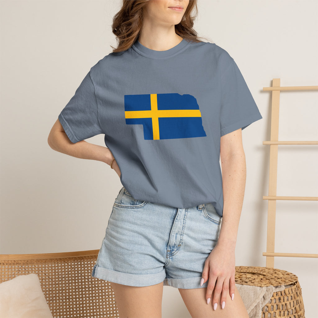 Nebraska State Silhouette T-Shirt with Swedish Flag Design