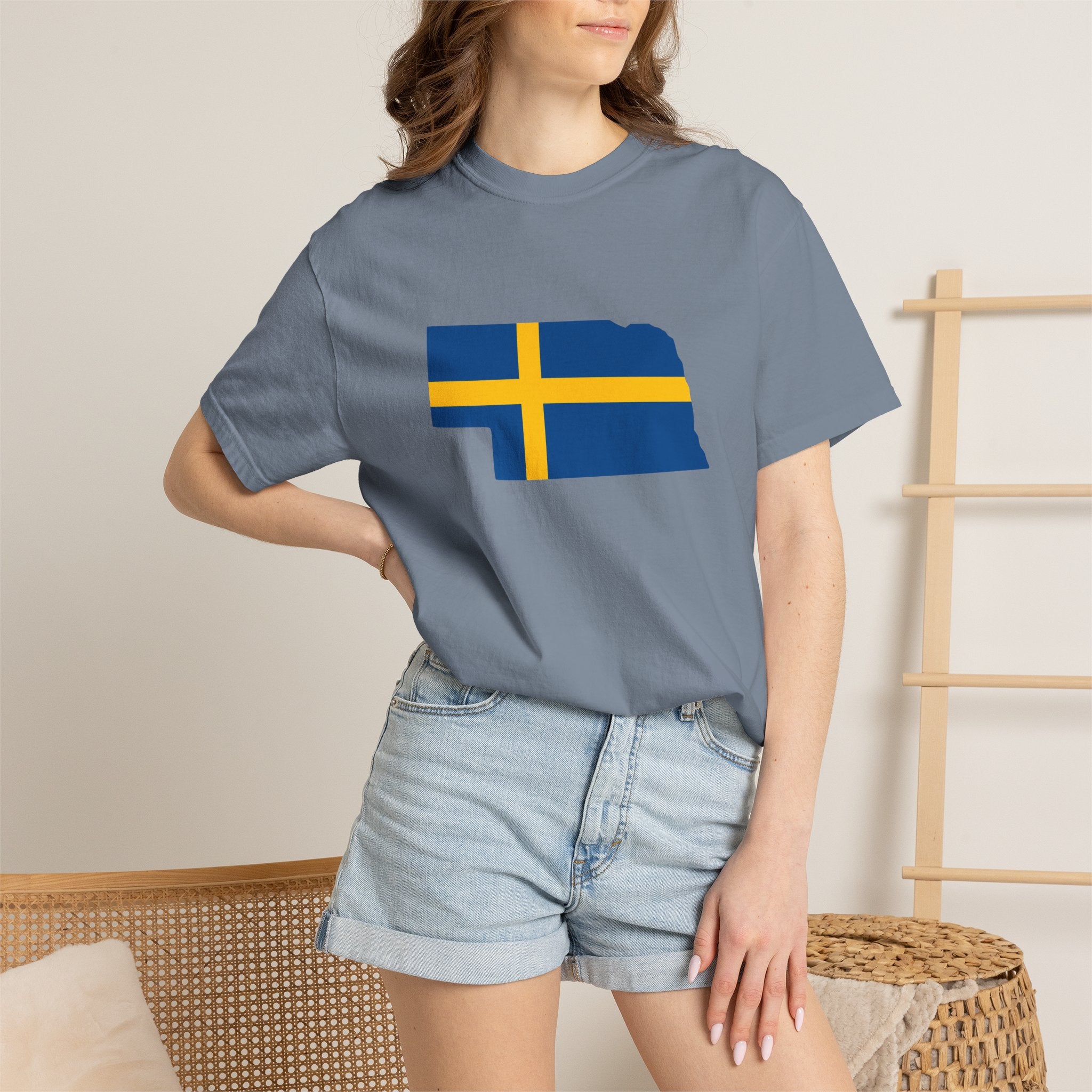 Nebraska State Silhouette T-Shirt with Swedish Flag Design