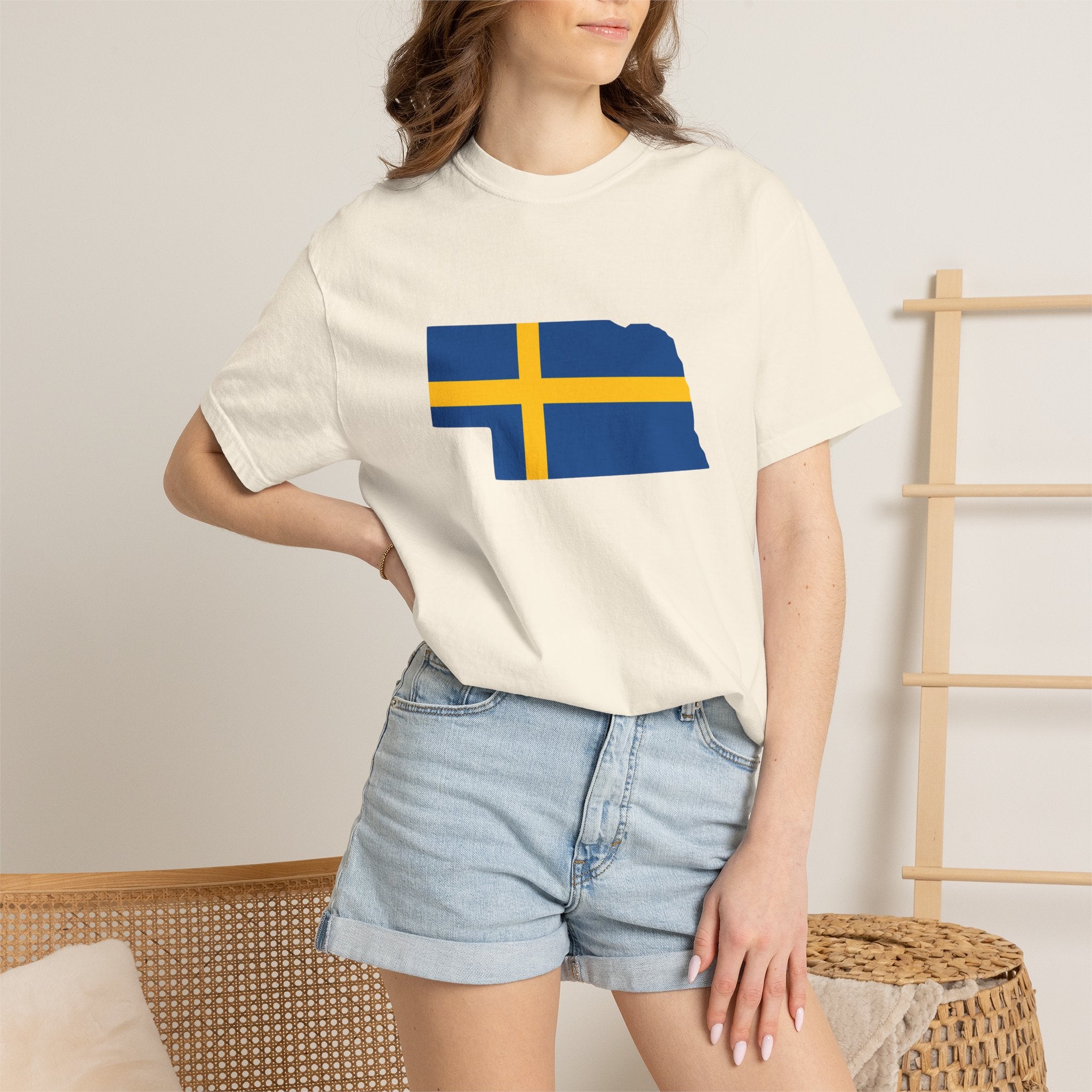 Nebraska State Silhouette T-Shirt with Swedish Flag Design