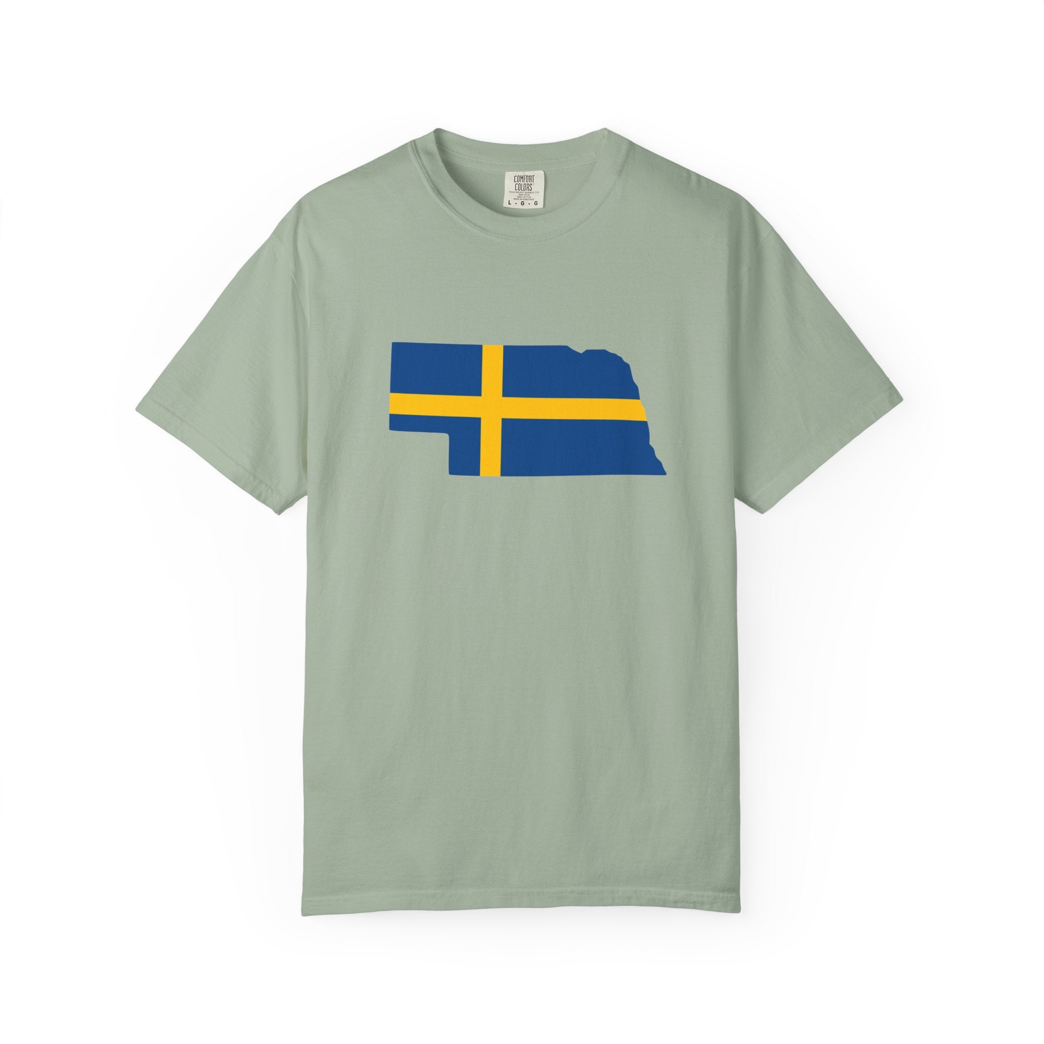 Nebraska State Silhouette T-Shirt with Swedish Flag Design