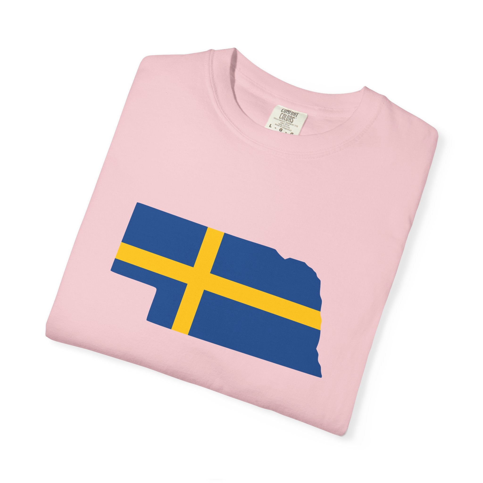 Nebraska State Silhouette T-Shirt with Swedish Flag Design