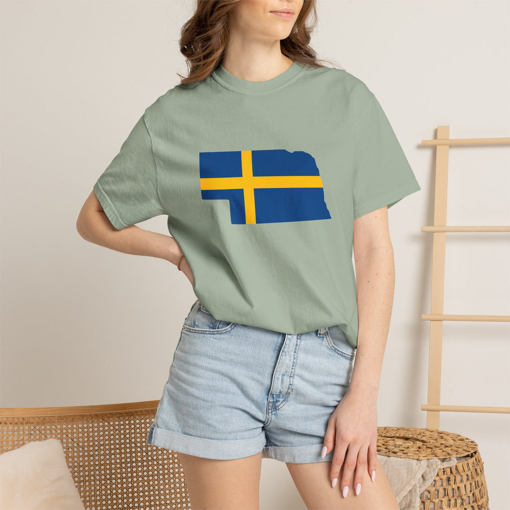 Nebraska State Silhouette T-Shirt with Swedish Flag Design