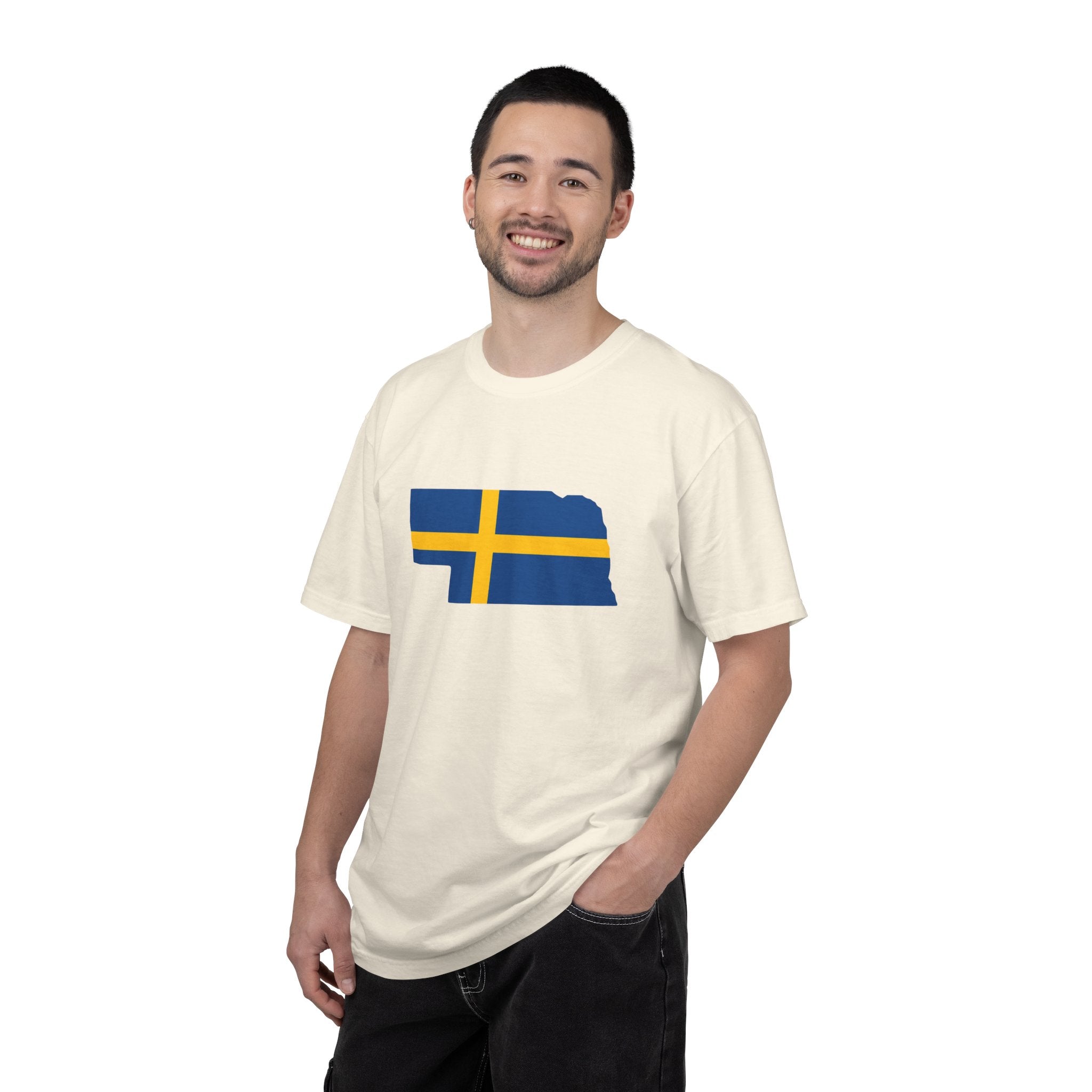 Nebraska State Silhouette T-Shirt with Swedish Flag Design