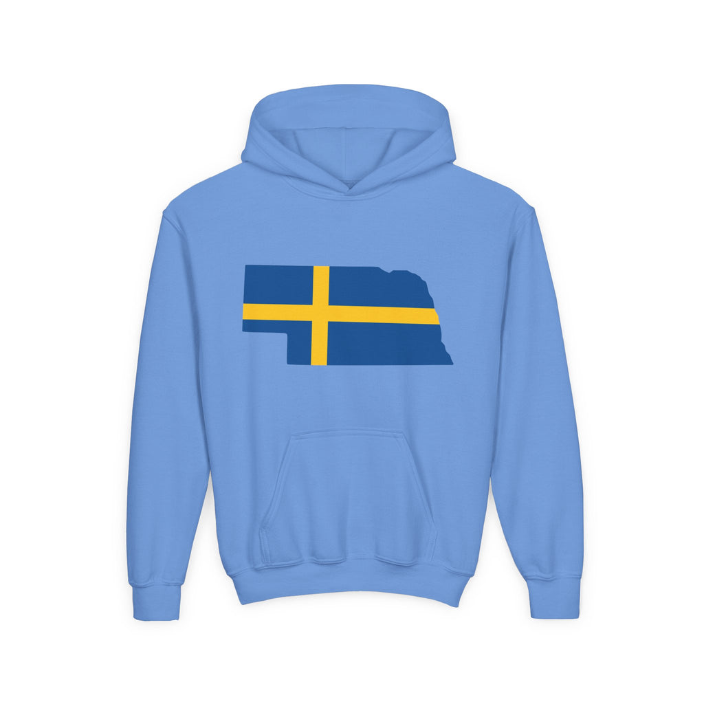 Youth Hooded Sweatshirt | Swedish Flag on Nebraska Outline