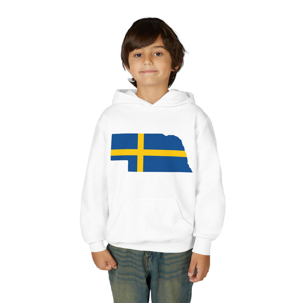 Youth Hooded Sweatshirt | Swedish Flag on Nebraska Outline