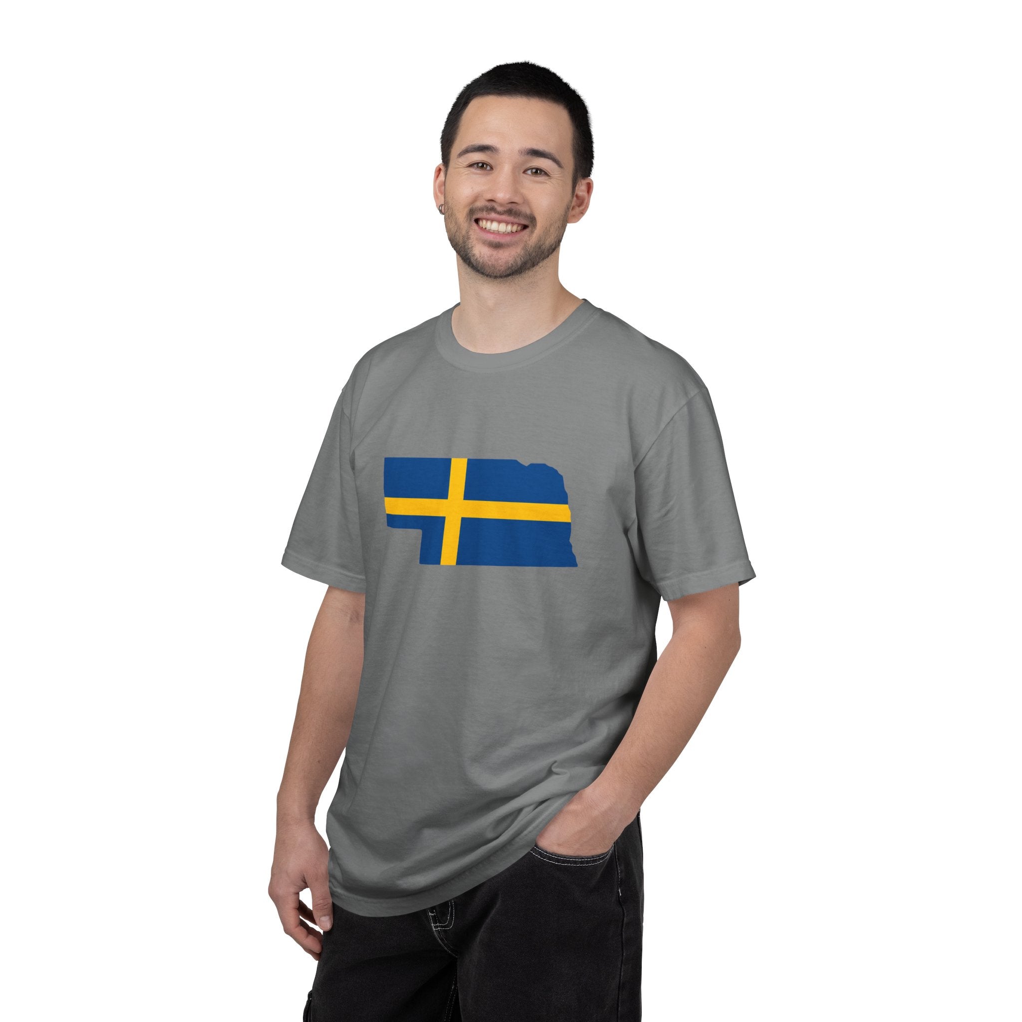 Nebraska State Silhouette T-Shirt with Swedish Flag Design