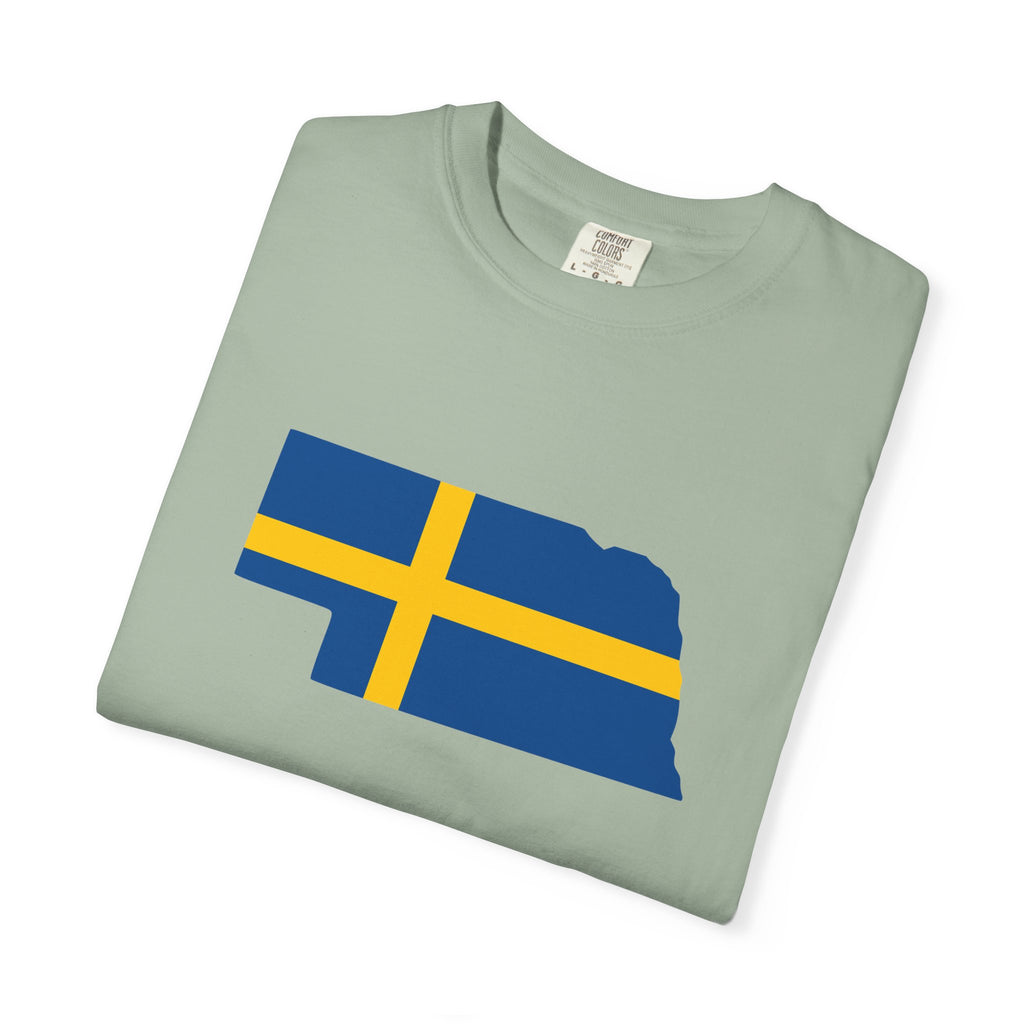 Nebraska State Silhouette T-Shirt with Swedish Flag Design