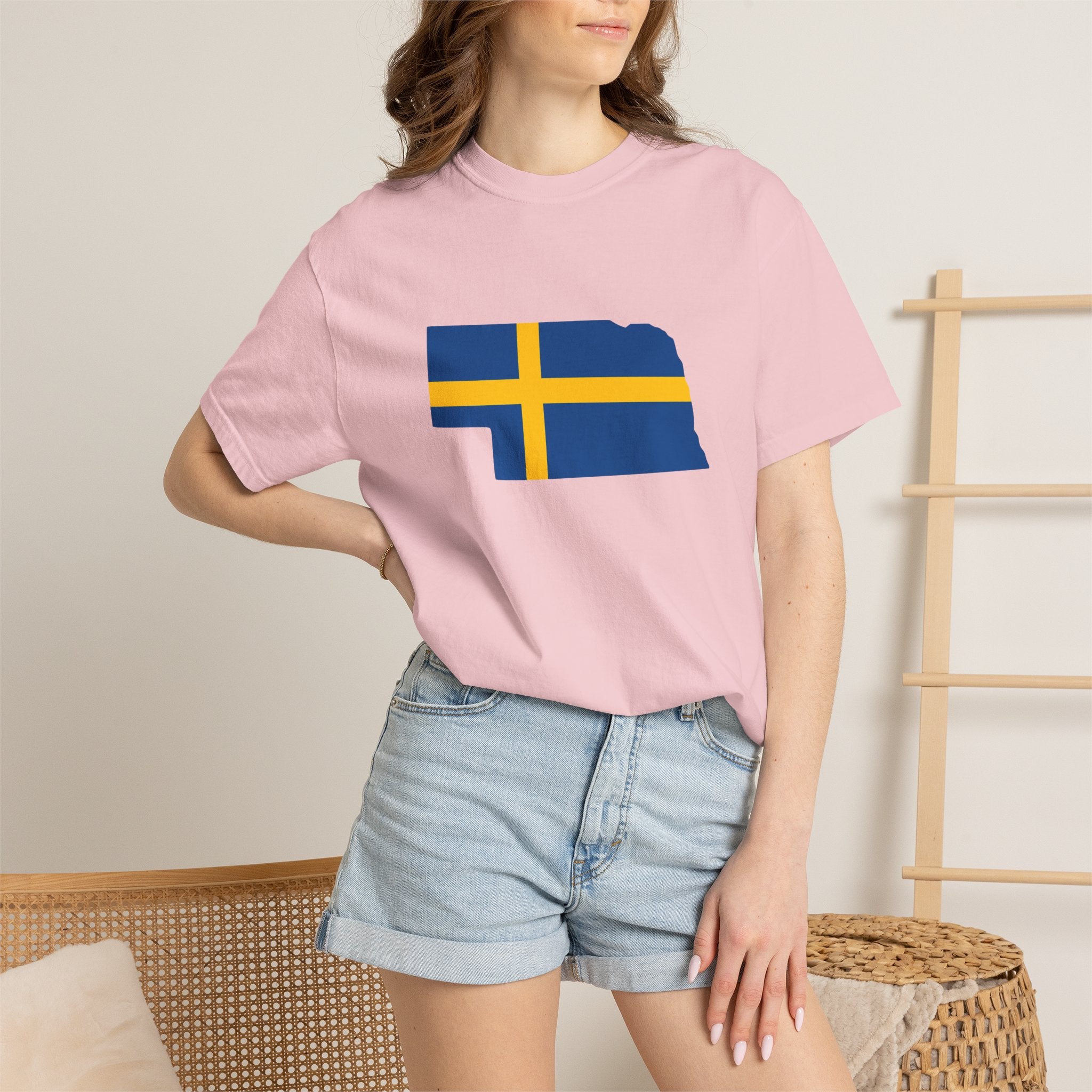 Nebraska State Silhouette T-Shirt with Swedish Flag Design