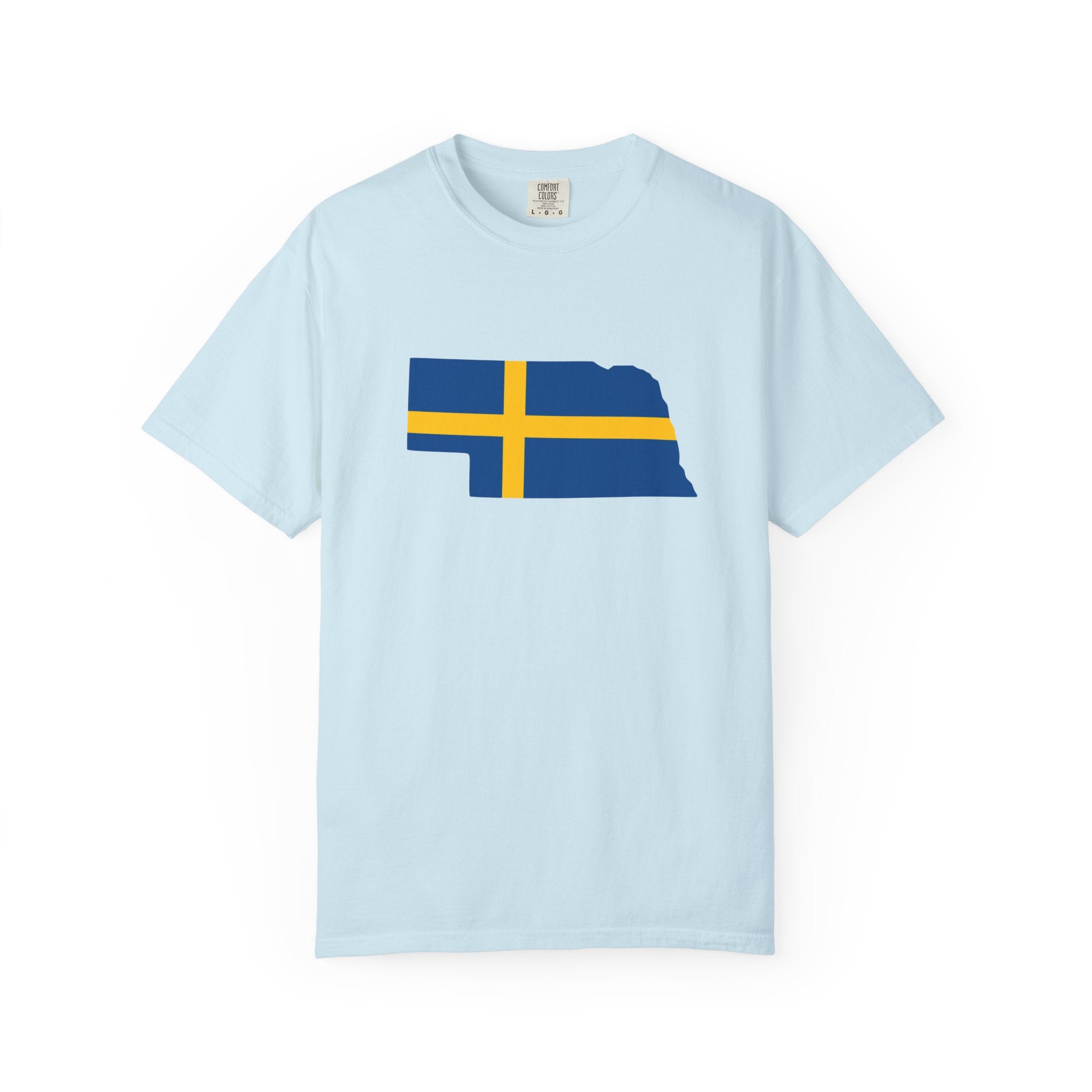 Nebraska State Silhouette T-Shirt with Swedish Flag Design