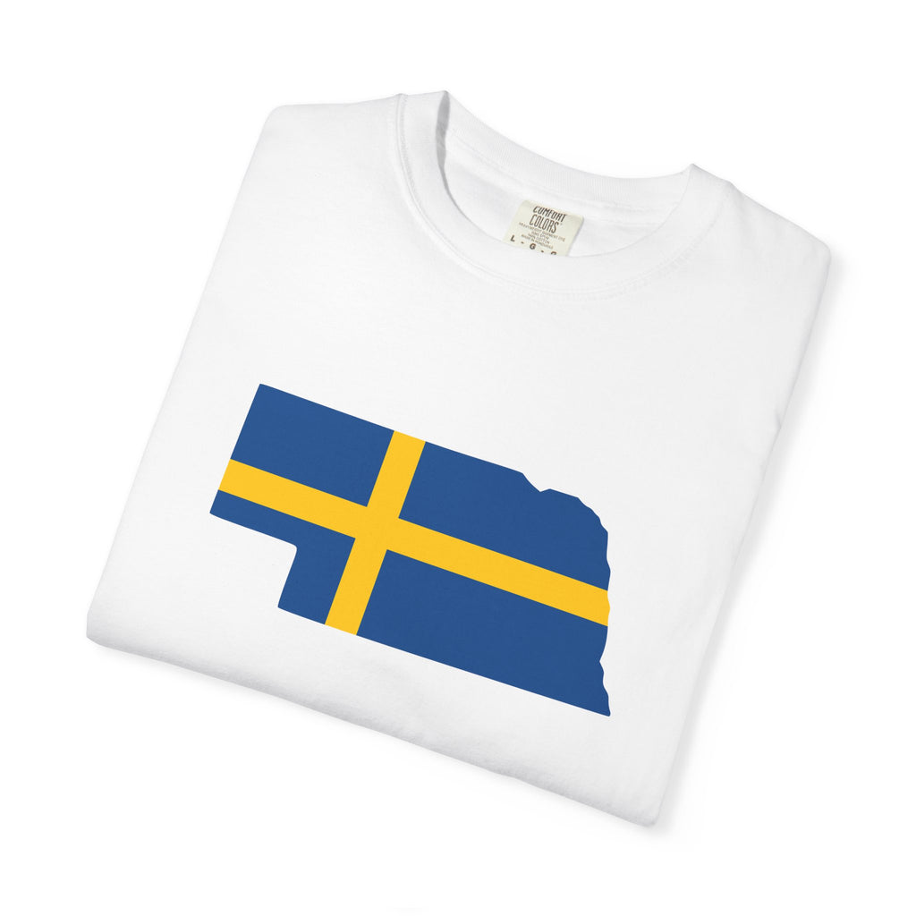 Nebraska State Silhouette T-Shirt with Swedish Flag Design