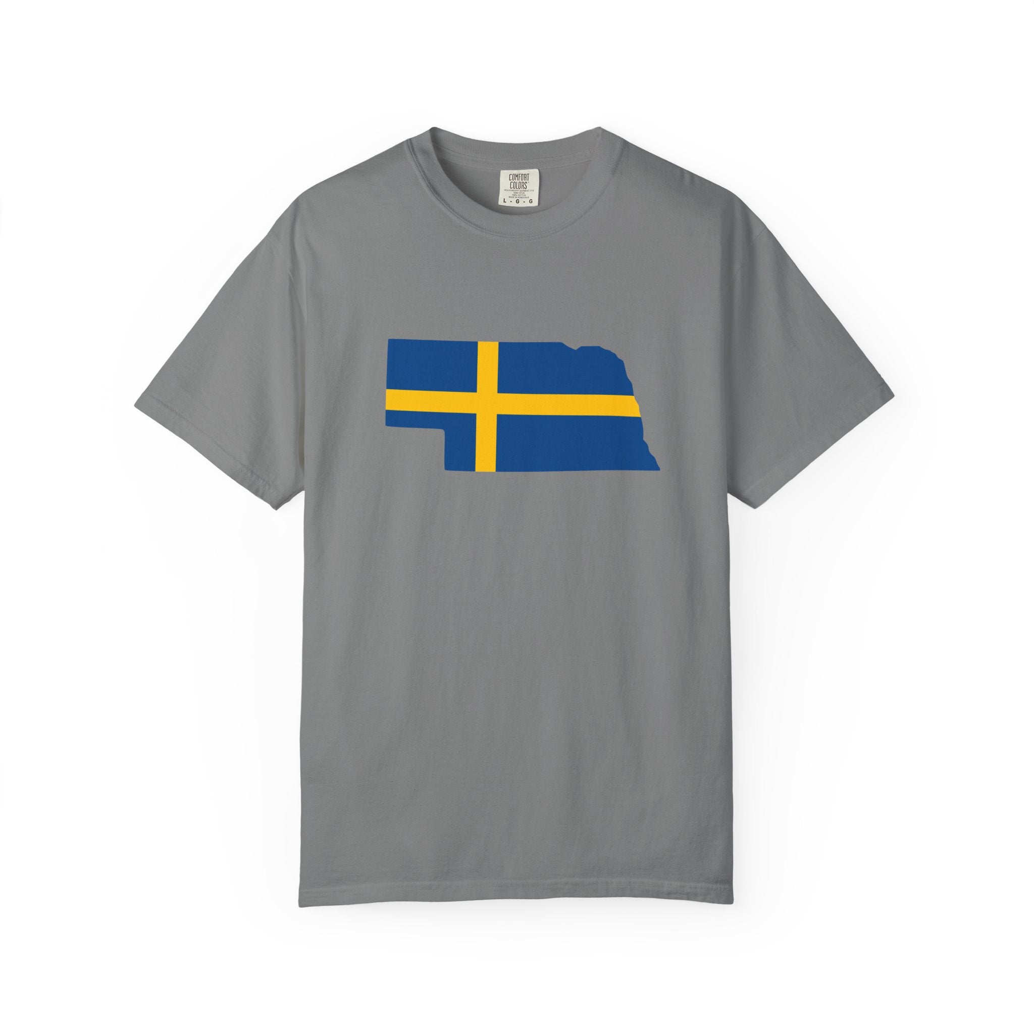 Nebraska State Silhouette T-Shirt with Swedish Flag Design