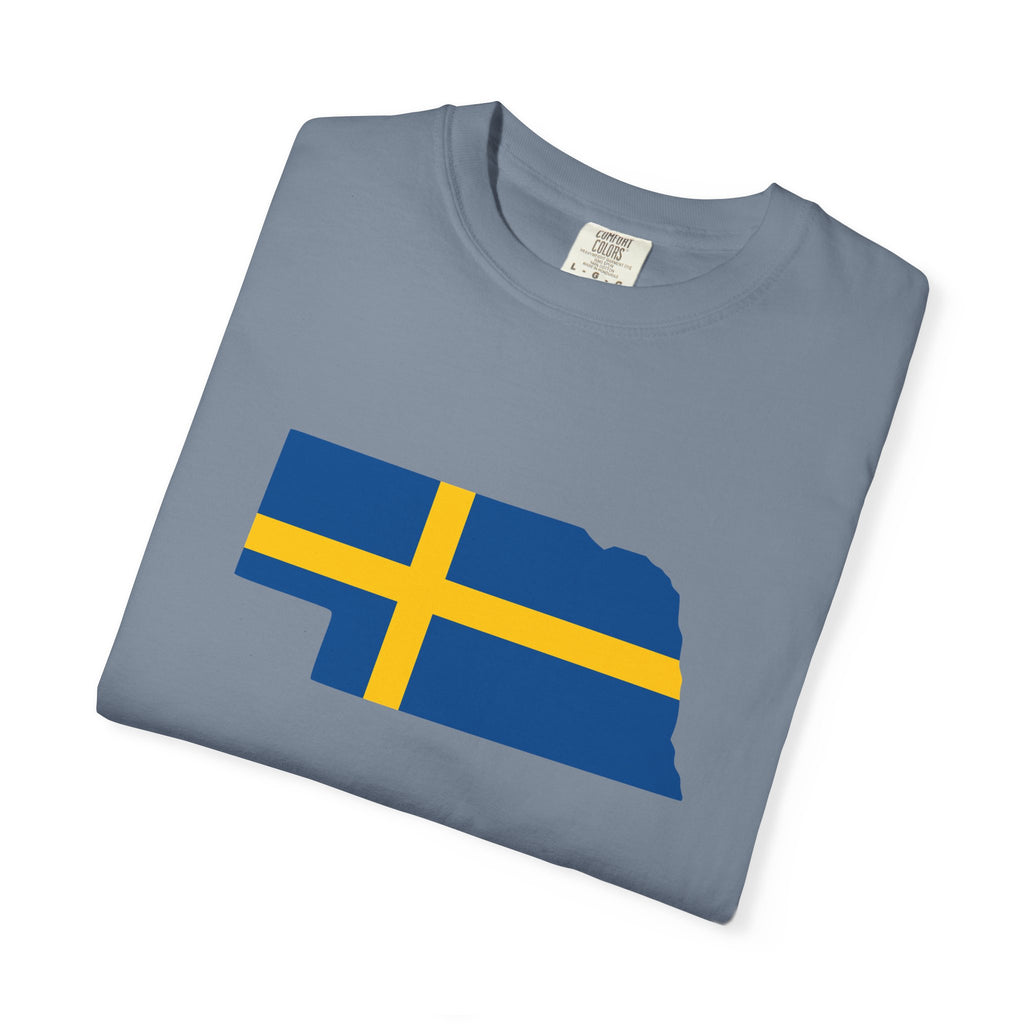 Nebraska State Silhouette T-Shirt with Swedish Flag Design