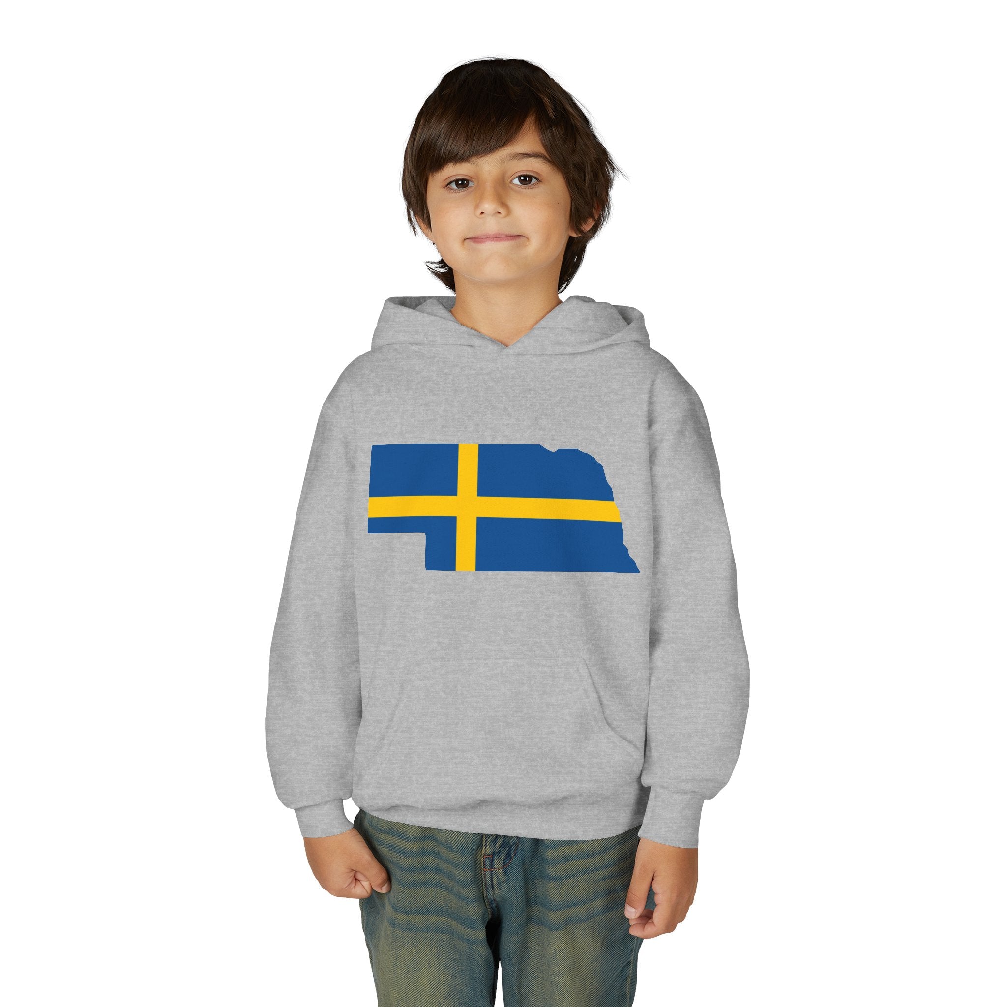 Youth Hooded Sweatshirt | Swedish Flag on Nebraska Outline