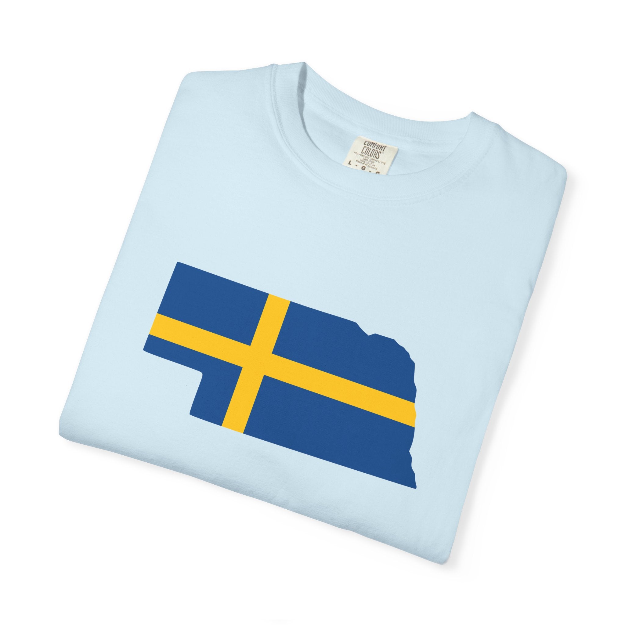 Nebraska State Silhouette T-Shirt with Swedish Flag Design