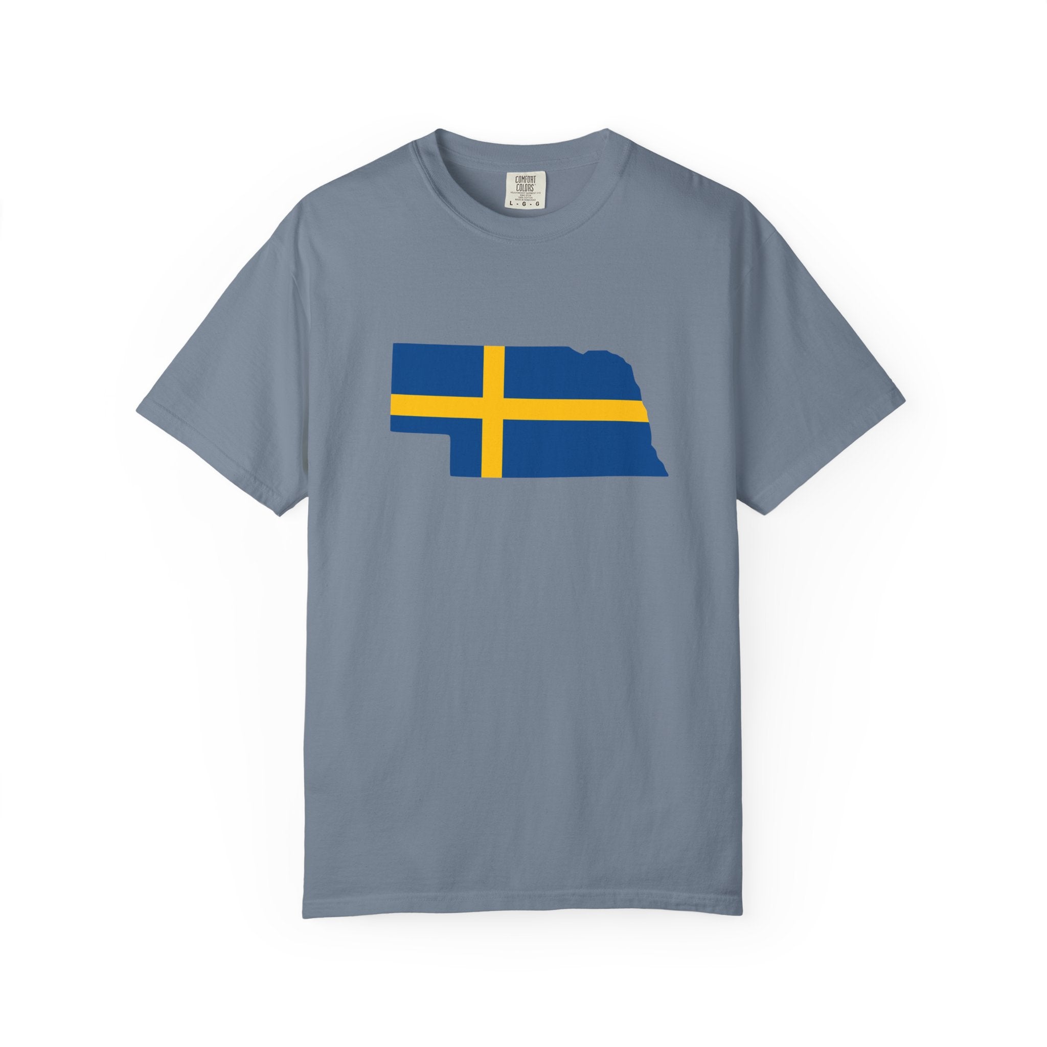 Nebraska State Silhouette T-Shirt with Swedish Flag Design
