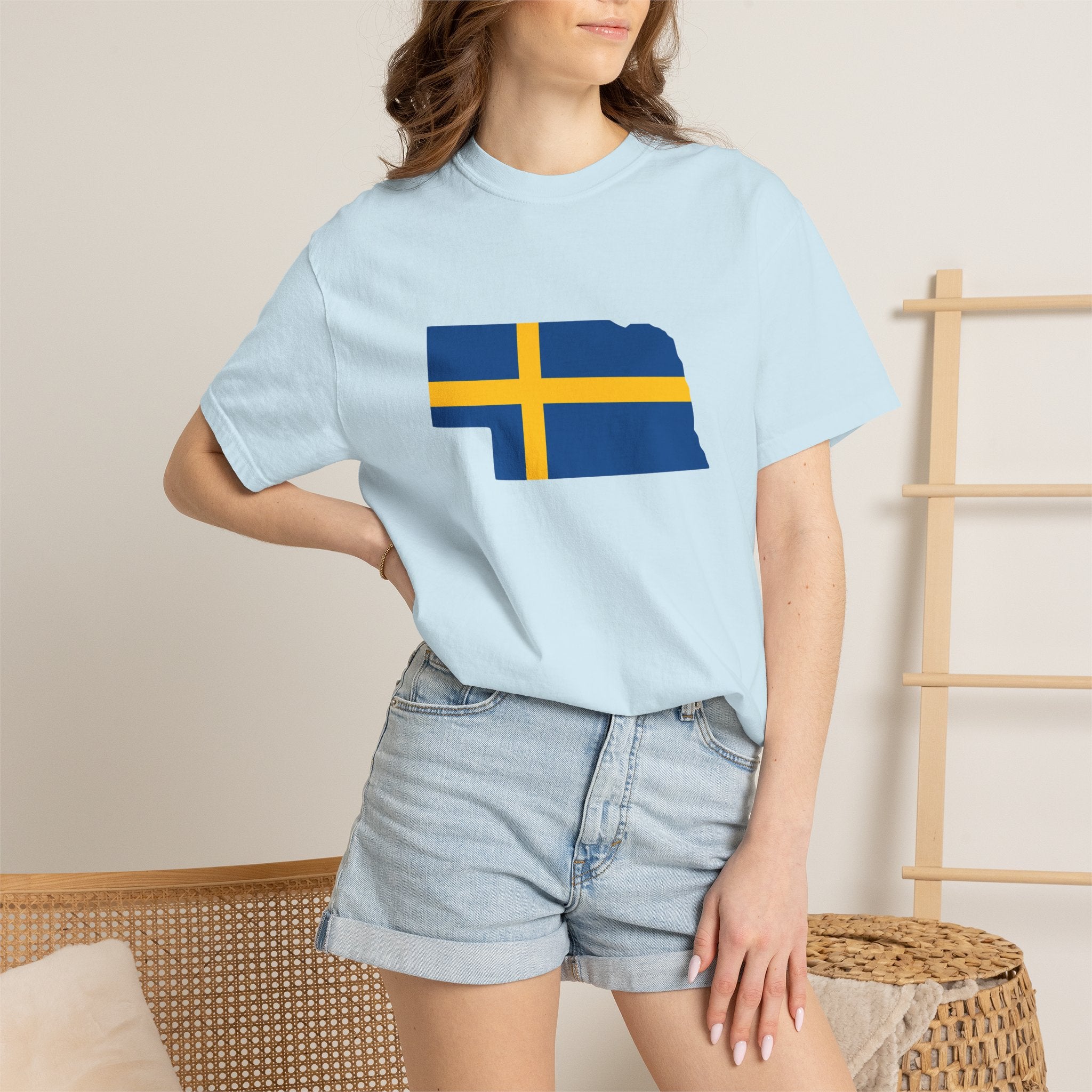 Nebraska State Silhouette T-Shirt with Swedish Flag Design