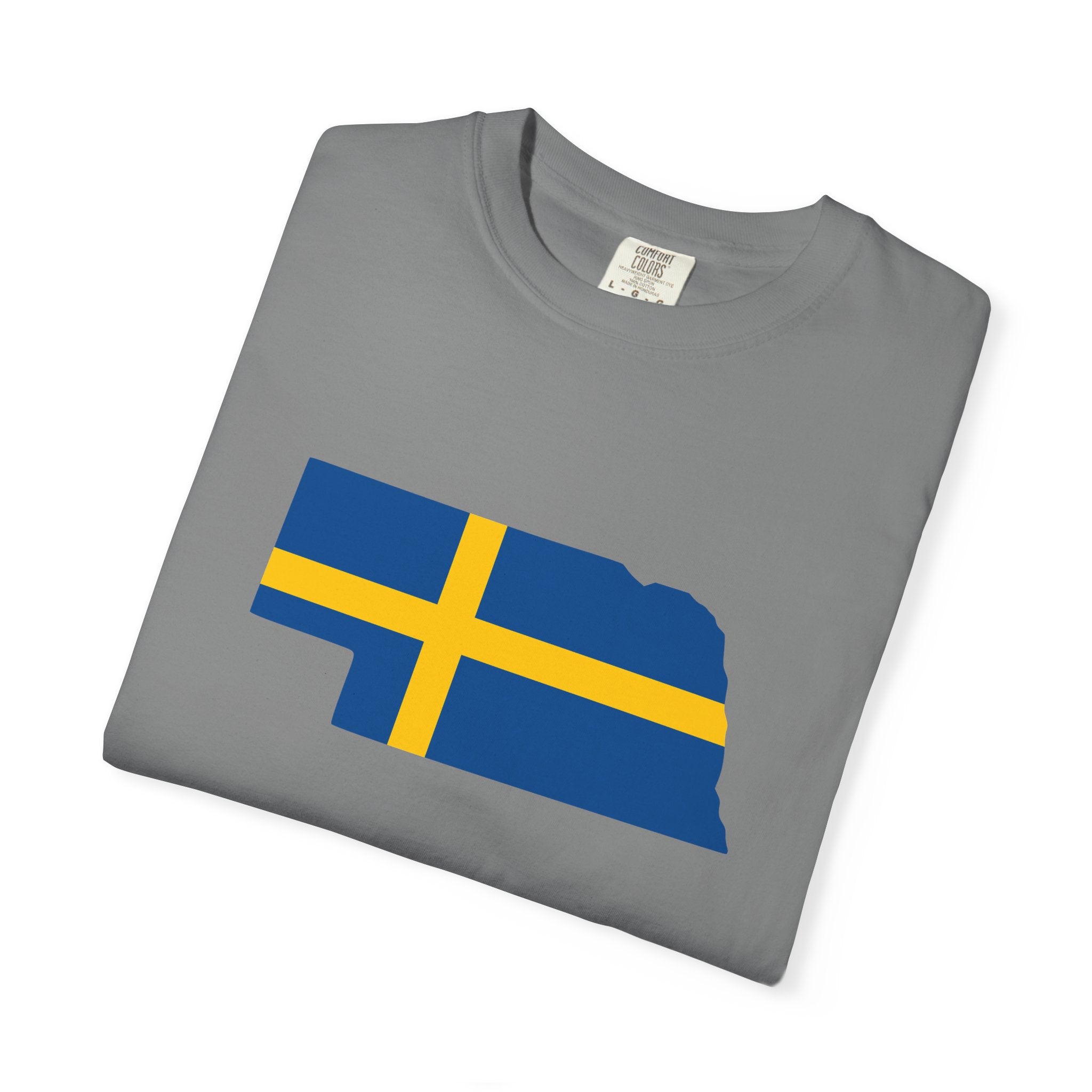 Nebraska State Silhouette T-Shirt with Swedish Flag Design