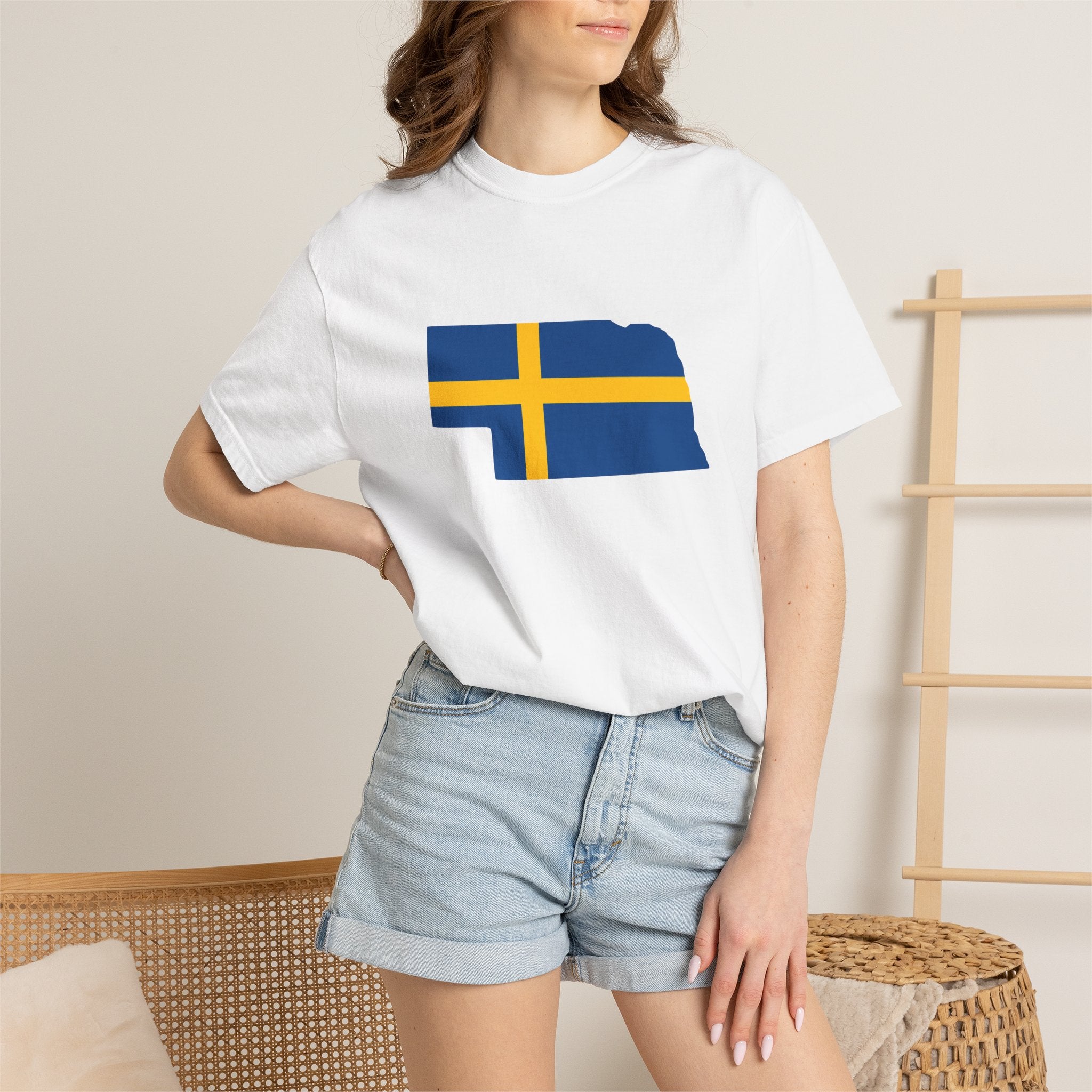 Nebraska State Silhouette T-Shirt with Swedish Flag Design