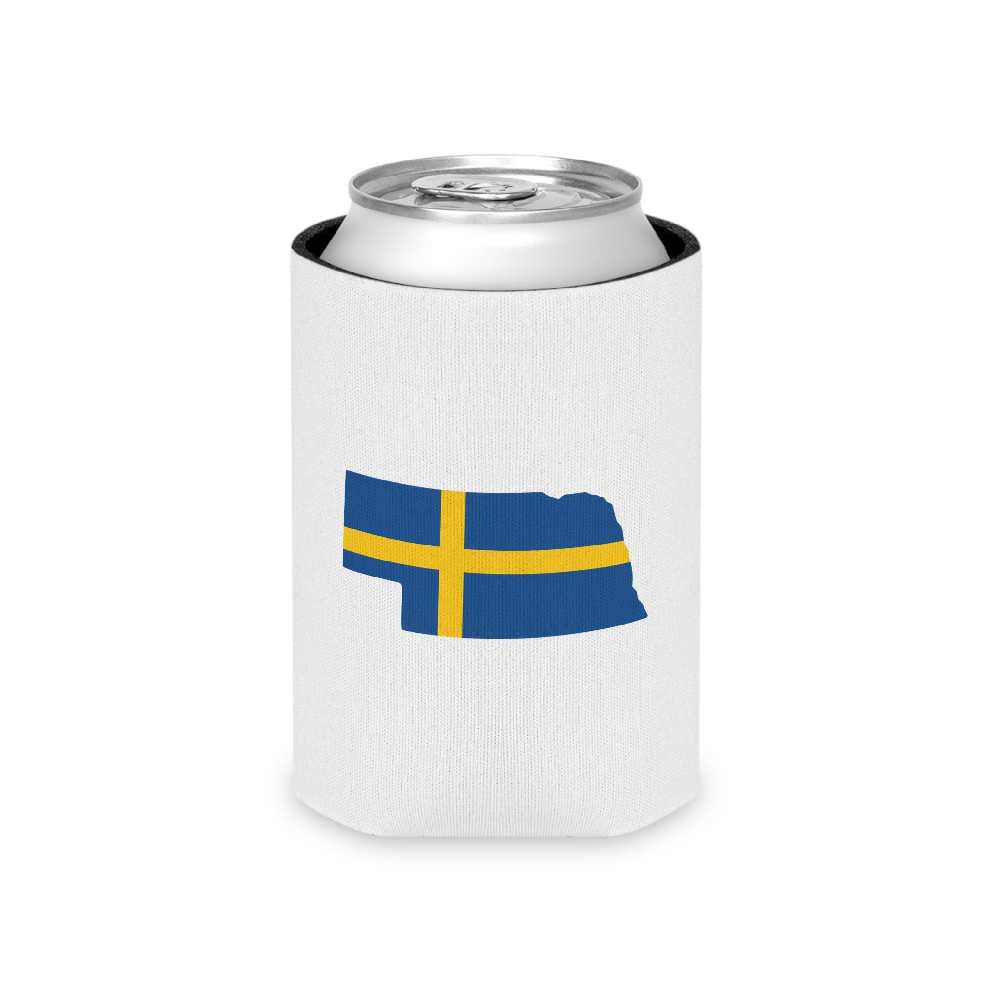 Nebraska State Outline Can Cooler with Swedish Flag Design