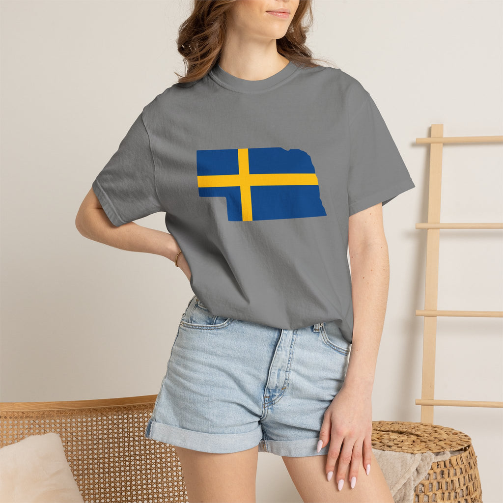 Nebraska State Silhouette T-Shirt with Swedish Flag Design