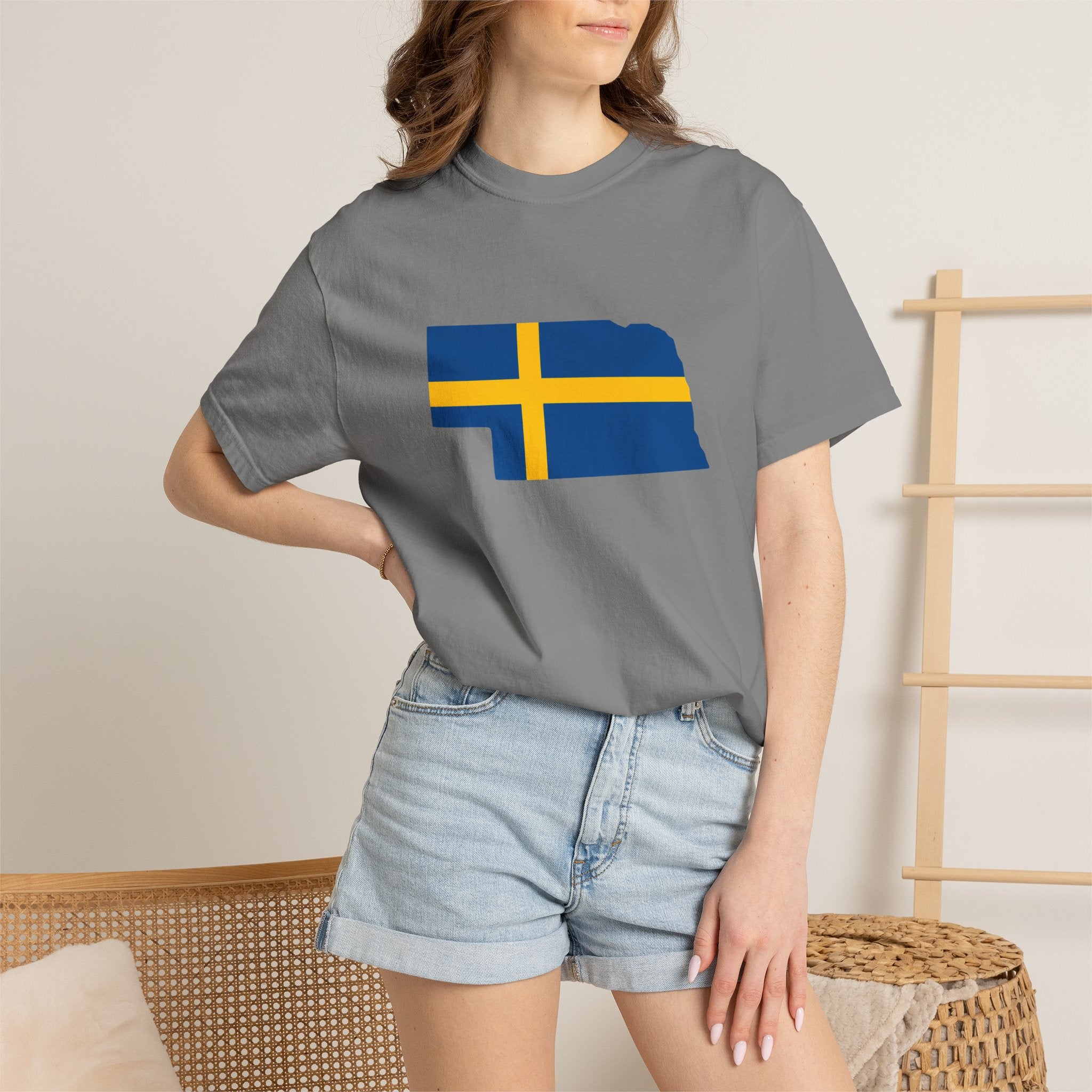 Nebraska State Silhouette T-Shirt with Swedish Flag Design
