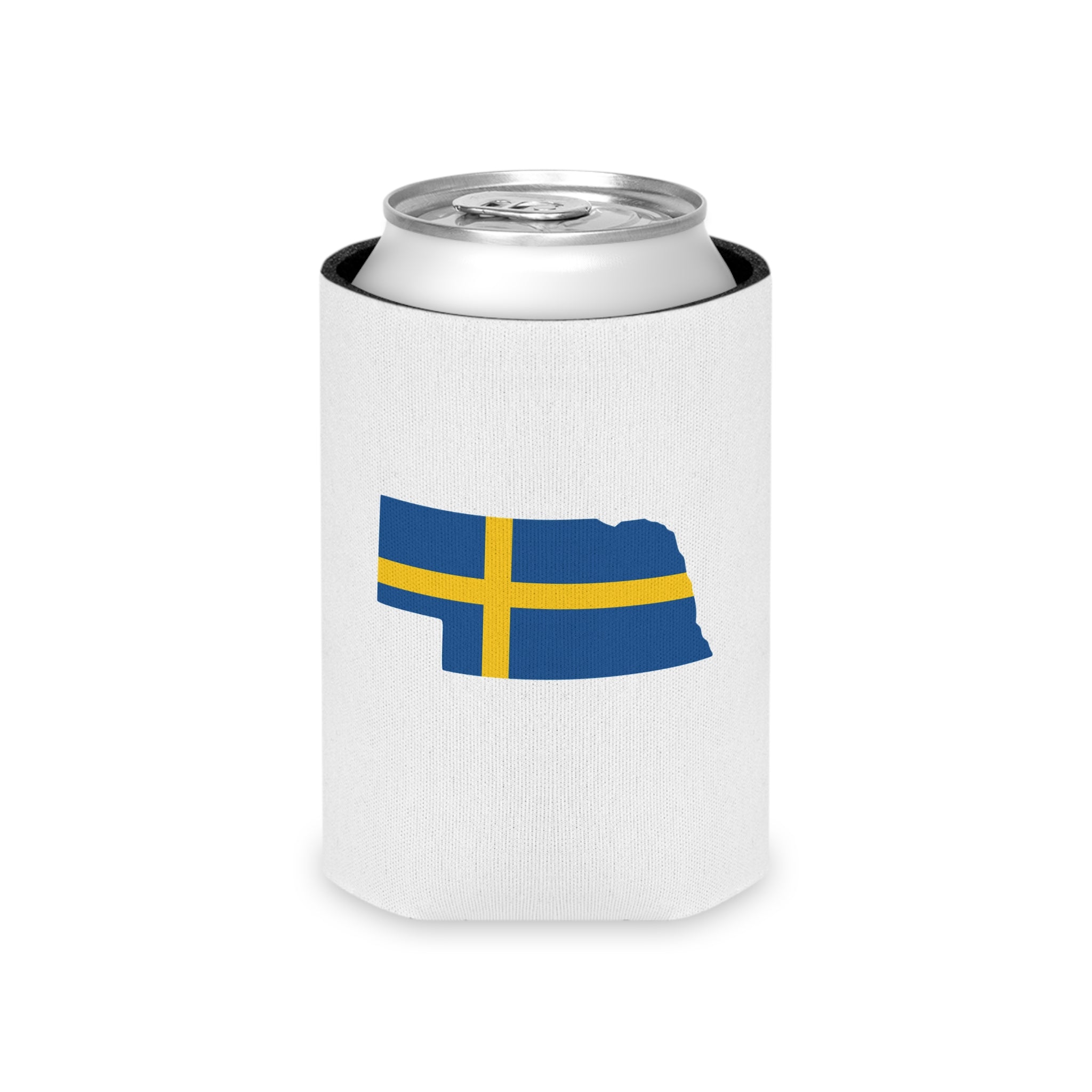 Nebraska State Outline Can Cooler with Swedish Flag Design