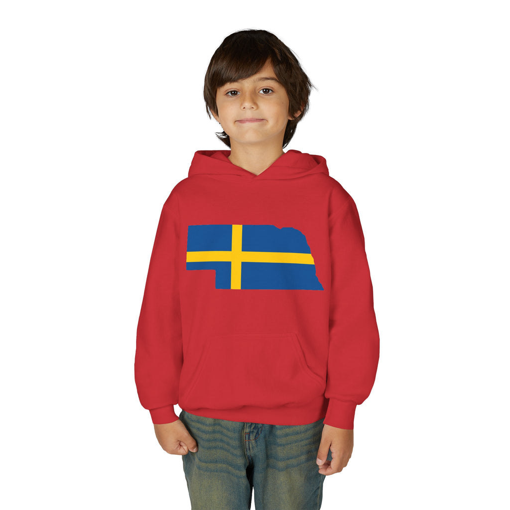 Youth Hooded Sweatshirt | Swedish Flag on Nebraska Outline