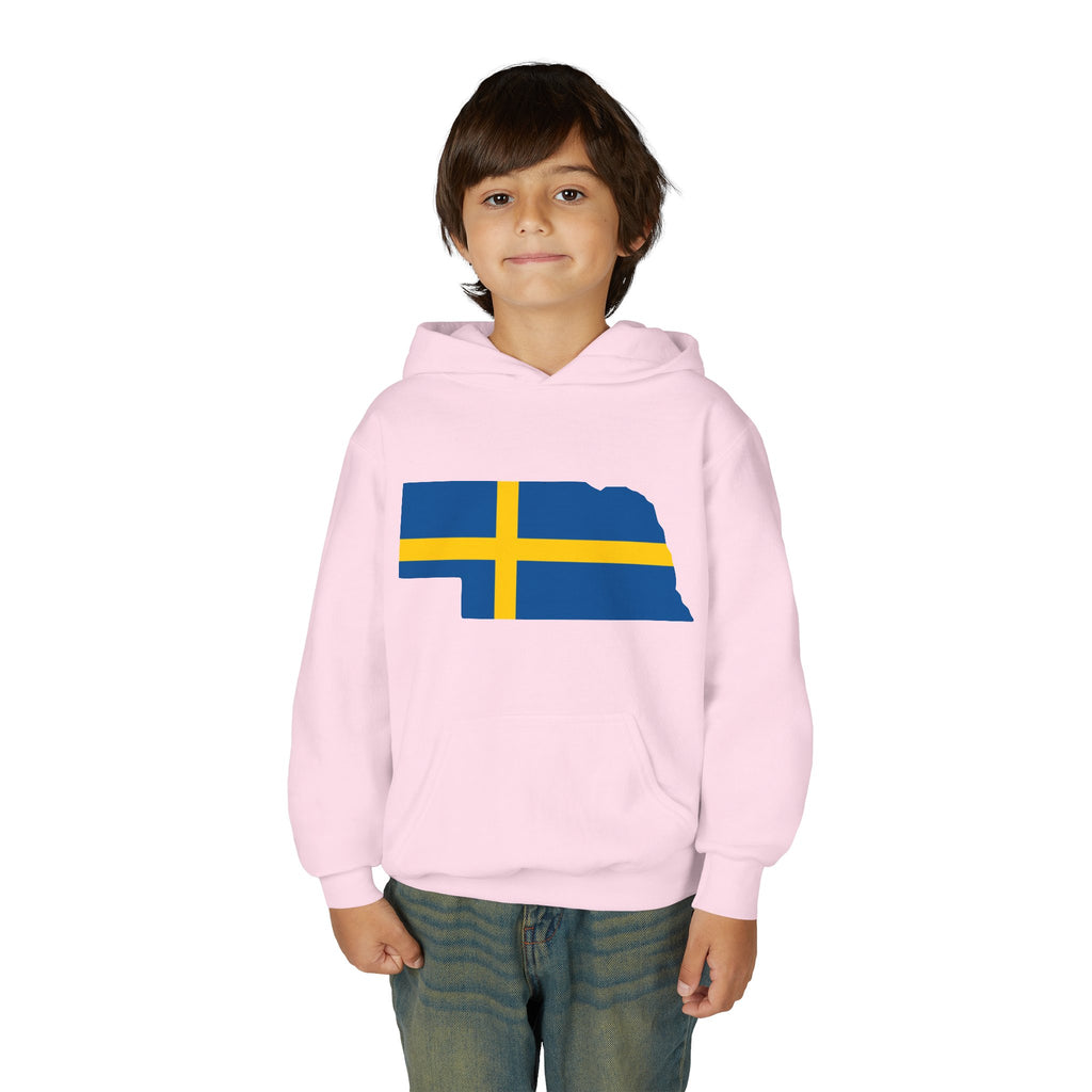 Youth Hooded Sweatshirt | Swedish Flag on Nebraska Outline
