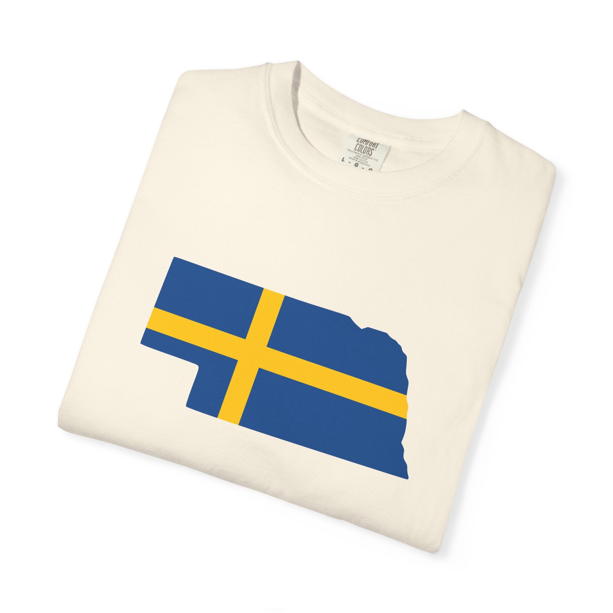 Nebraska State Silhouette T-Shirt with Swedish Flag Design