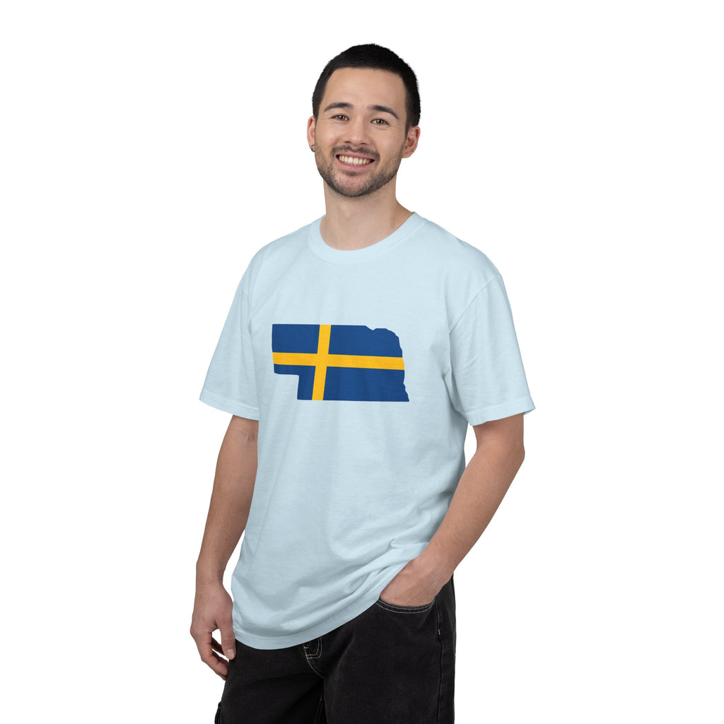 Nebraska State Silhouette T-Shirt with Swedish Flag Design