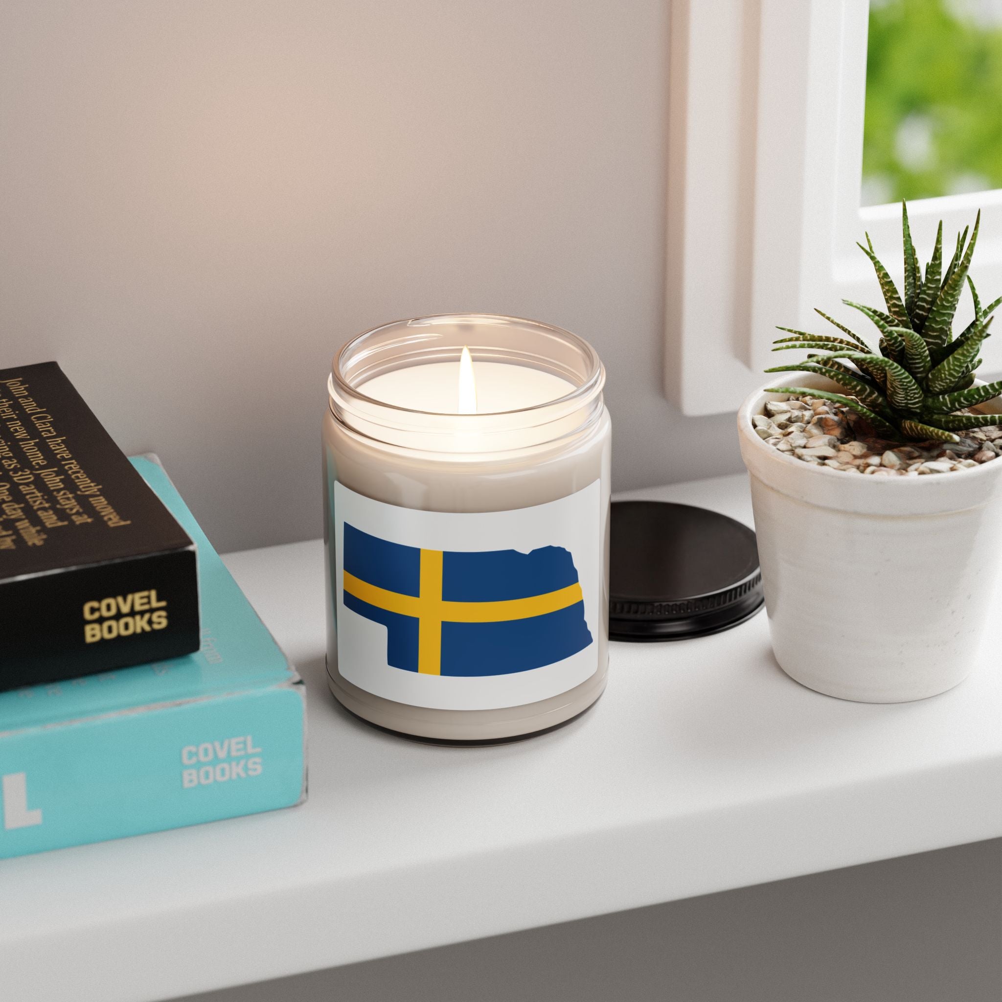 Scented Soy Candle, 9oz | Swedish Flag on Nebraska Outline
